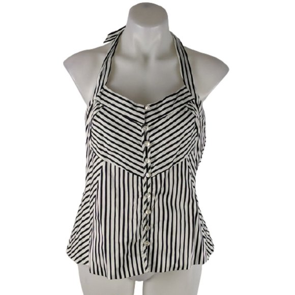 Queenspark Tops - Queenspark Top Size 18 Black White Stripe Tie-up Halterneck Buttons Zip-up Back